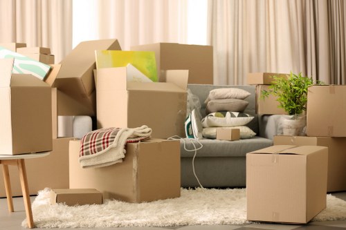 Packed business items and moving supplies for a local relocation